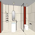 Modern Public Restroom Design Featuring Gray Tiles Red Accents White Pedestal Sink And Glass Partition