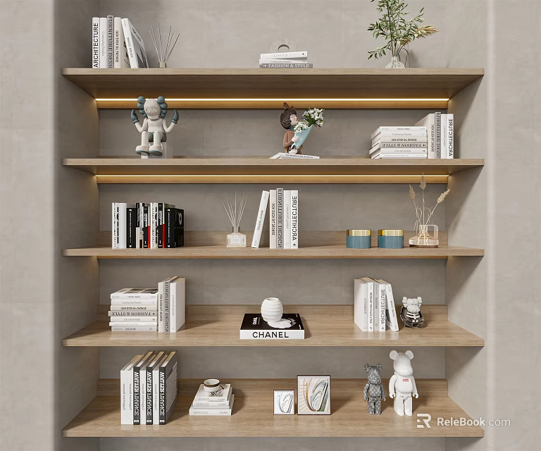 Elegant Decorative Ornament Combination on Wooden Shelves with Books Small Statues Candles and Potted Plants 3d model 