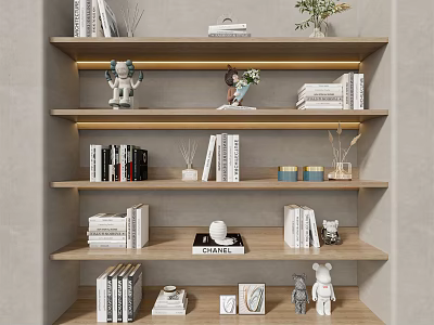 Elegant Decorative Ornament Combination on Wooden Shelves with Books Small Statues Candles and Potted Plants 3d model