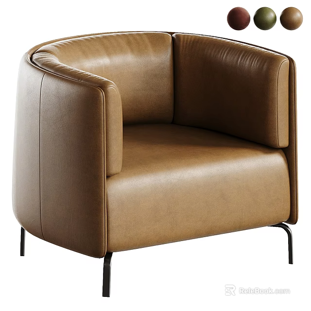 Modern Brown Leather Single Sofa With Armrest And Black Metal Legs 3d model 
