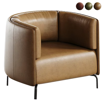 Modern Brown Leather Single Sofa With Armrest And Black Metal Legs 3d model