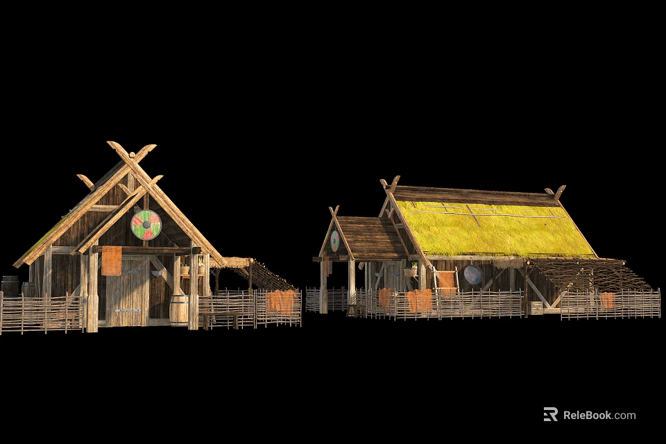 Traditional Wooden Houses With Thatch Roof And Rustic Wooden Frame Design 3d model 