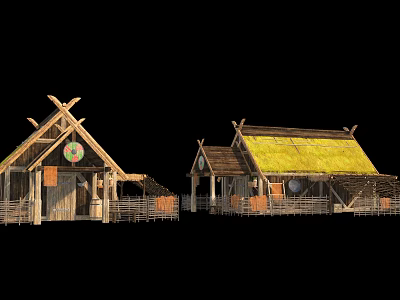 Traditional Wooden Houses With Thatch Roof And Rustic Wooden Frame Design 3d model