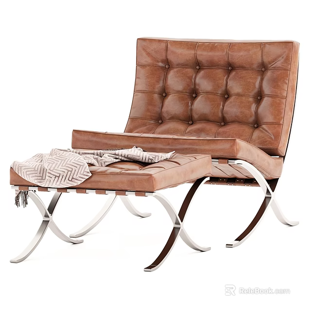 Modern Brown Leather Tufted Leisure Chair With Matching Ottoman And Metal Legs 3d model 
