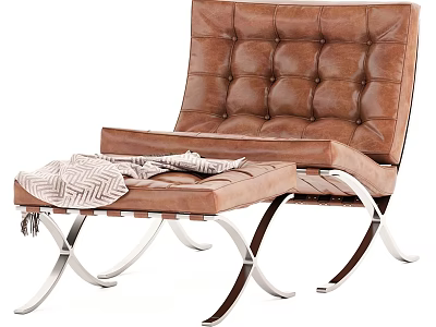 Modern Brown Leather Tufted Leisure Chair With Matching Ottoman And Metal Legs 3d model