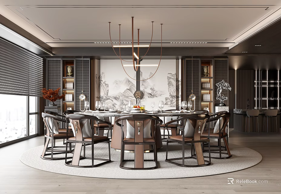 Chinese Style Private Dining Room With Round Table And Chandeliers 3d model