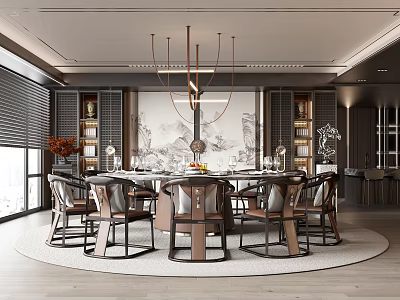 Chinese Style Private Dining Room With Round Table And Chandeliers 3d model