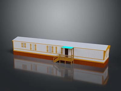 Prefabricated Building Exterior Design With White Roof Walls Brown Base Blue Awning And Staircase Entrance 3d model