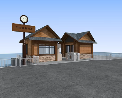 Two Wooden Seaside Huts With Dark Roofs Clock Signboard White Railings And Paved Ground 3d model