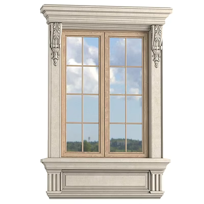 Casement Window With Wooden Frame Ornate Carvings Patterned Glass And Sky Clouds Trees View 3d model