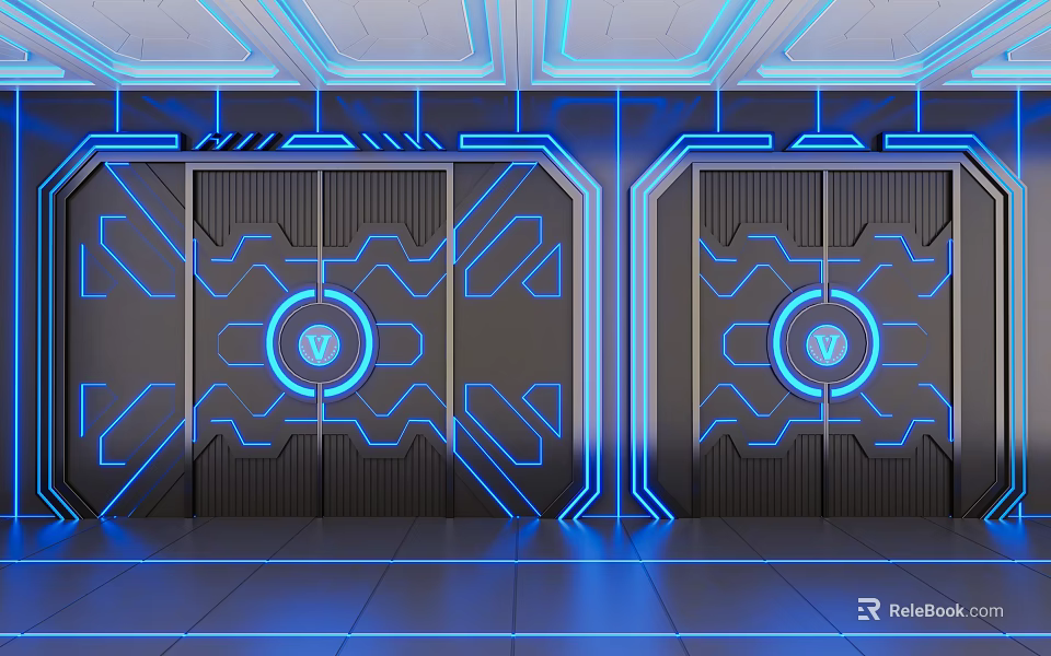 Futuristic Double Doors With Blue Illuminated Edges And Geometric Pattern Details 3d model 