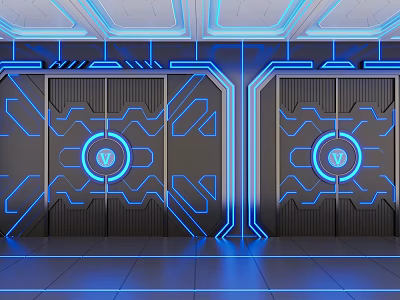 Futuristic Double Doors With Blue Illuminated Edges And Geometric Pattern Details 3d model