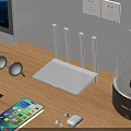 Modern Computer Workspace With Monitor Router Smartphone Wireless Earbuds And Mouse On Wooden Desk