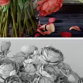 Fresh Red And Pink Flowers In Glass Vase With Scattered Petals On Wooden Table