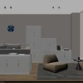 Modern Office Interior With White Bookcase Green Handles Beige Chair And Gray Rug
