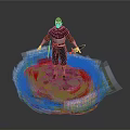 Woman in Red Cape Standing on Green Island With Grass Stones Sword and Dagger