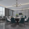 Modern Private Dining Box Featuring Round Table Blue Chairs Large Windows And Chandelier 3d model