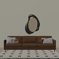 Brown Three Seater Sofa With Throw Pillows And Irregular Shaped Mirror In Modern Interior 3d model