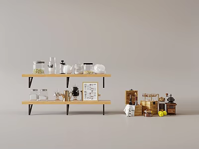 Modern Home Decorative Ornament Set On Wooden Shelf With Glass Jars Coffee Machine And Frames 3d model