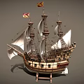 Ancient Wooden Sailing Ship With Multiple Masts White Sails And Flags
