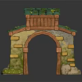 Cartoon Scene Archway With Green Tiled Roof Wooden Top Yellow Gray Bricks Grass Stone Decorations