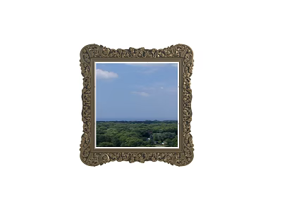 Decorative Mirror with Ornate Frame Reflects Blue Sky White Clouds and Green Forest View 3d model