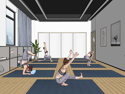 People Practicing Yoga Poses In Bright Indoor Fitness Studio Space 3d model