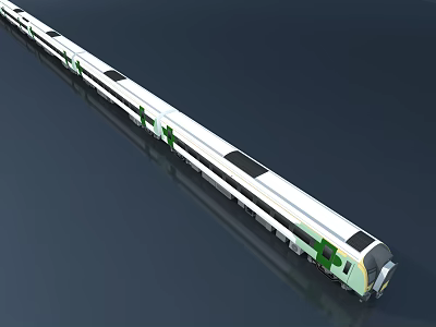 Modern Long White Train With Green Accents Displayed Against Dark Background 3d model