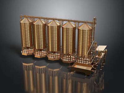 Industrial Grain Silo Structure With Golden Cylindrical Silos Platforms And Conveyor System 3d model