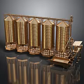 Industrial Grain Silo Structure With Golden Cylindrical Silos Platforms And Conveyor System