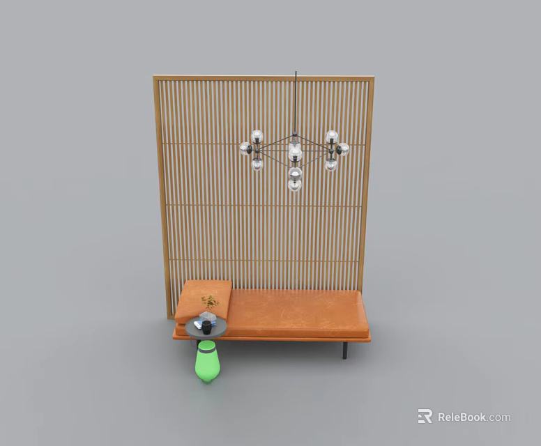 Modern Single Sofa Interior With Bamboo Screen And Pendant Light Decoration 3d model 