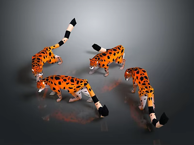 Four Orange Spotted Leopards With Black Tail Tips On Gray Background With Reflections 3d model