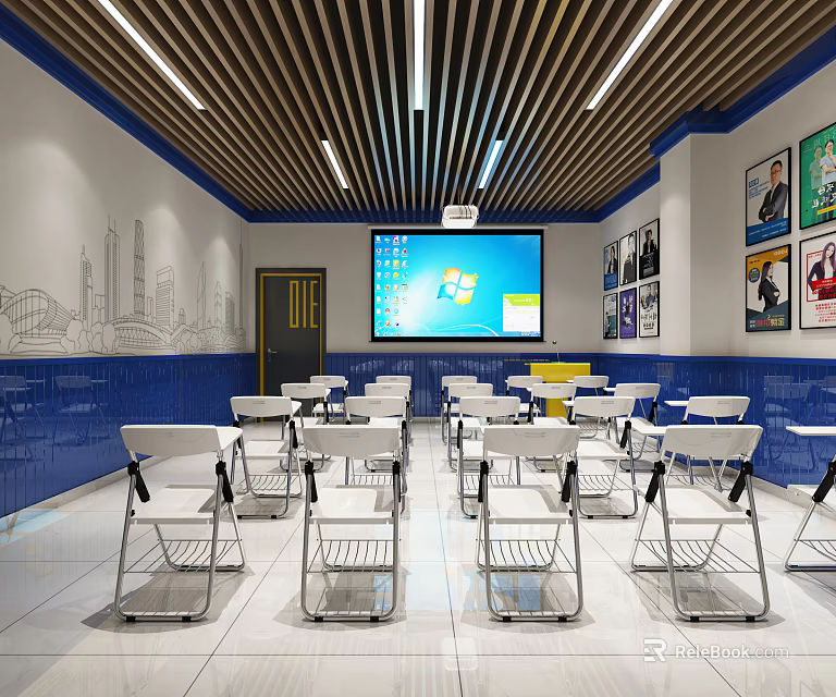 Modern Meeting Room Interior With Large Screen Tables Chairs And Decorative Paintings 3d model 