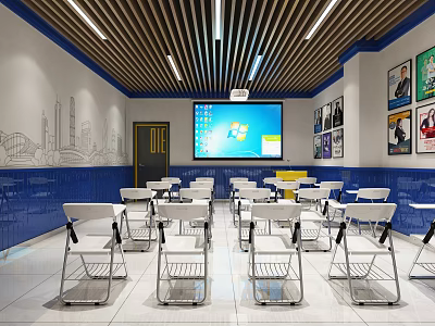 Modern Meeting Room Interior With Large Screen Tables Chairs And Decorative Paintings 3d model
