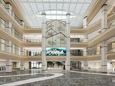 Reception Desk in Modern Lobby With Glass Ceiling Marble Flooring Decorative Columns and Flower Screen 3d model