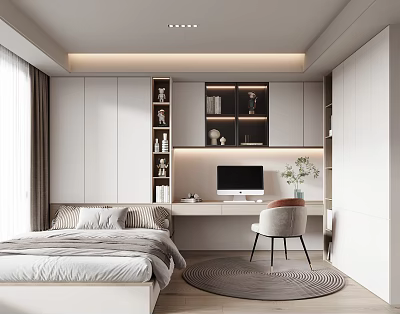 Modern Tatami Bedroom Interior Design With Bed Desk Computer Chair And Bookshelf 3d model