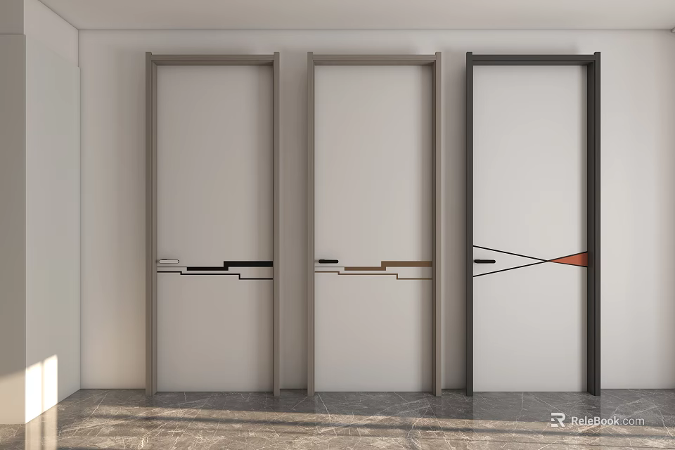 Three Modern Minimalist Hinged Doors With Geometric Line Decorations White Panels Dark Frames 3d model