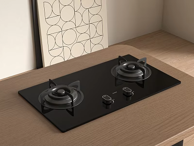 Black Glass Top Gas Stove With Modern Design On Wooden Kitchen Countertop 3d model