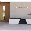 Modern Minimalist Reception Desk With Marble Countertop Wooden Wall And Hanging Lighting Fixture