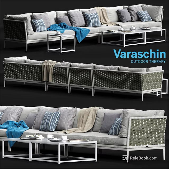 Outdoor Two Seater Wicker Sofa With Gray Cushions Blue Blanket And Striped Pillows 3d model 