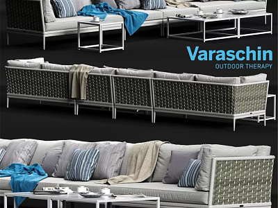 Outdoor Two Seater Wicker Sofa With Gray Cushions Blue Blanket And Striped Pillows 3d model