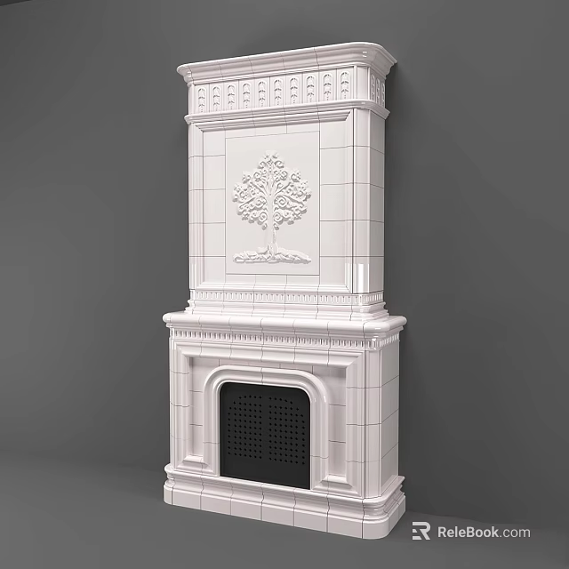White Classical Fireplace With Carved Tree Design And Tiled Decorative Interior Details 3d model