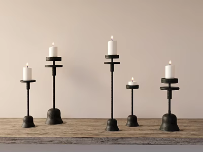 Black Candle Holders With White Candles On Wooden Table Various Heights 3d model