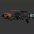 Futuristic Weapon with Orange Barrel Blue Body Mechanical Components and Red Indicator Lights