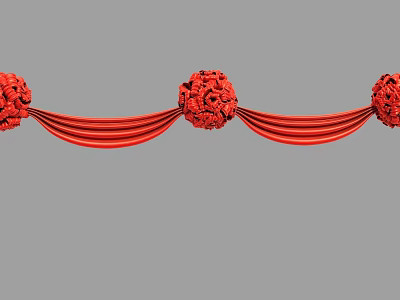 Red Hanging Ornament Featuring Three Flower Balls And Red Fabric Strips In Long Strip 3d model