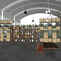 Spacious Café Interior With Arched Ceiling Hanging Pendant Lights Wooden Long Tables And Shelves