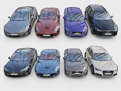 Different Colored Cars Displaying Various Models In Neatly Arranged Rows 3d model