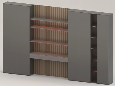 Modern Bookcase With Grey Cabinets Wooden Striped Back Panel And Open Shelves 3d model
