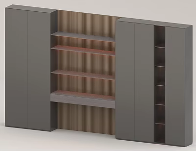 Modern Bookcase With Grey Cabinets Wooden Striped Back Panel And Open Shelves 3d model