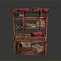 Wooden Multi Tiered Storage Shelf With Various Storage Boxes And Items